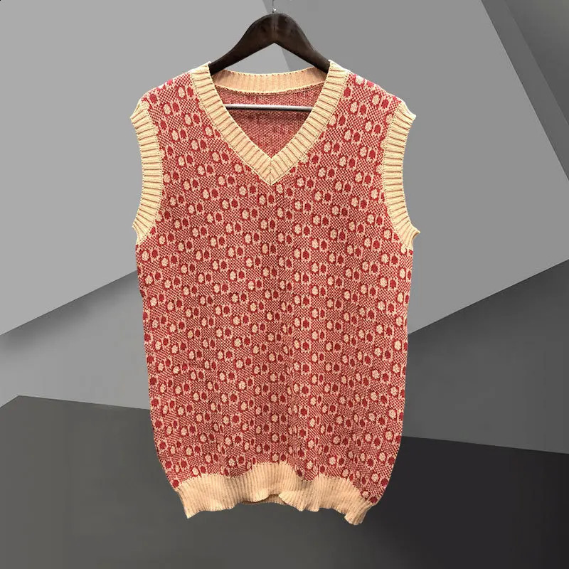British Versatile Pullover Sweater Vest Fashion Knitted Sweater For Men Korean Slim V Neck Ethnic Retro Print Pattern 260916
