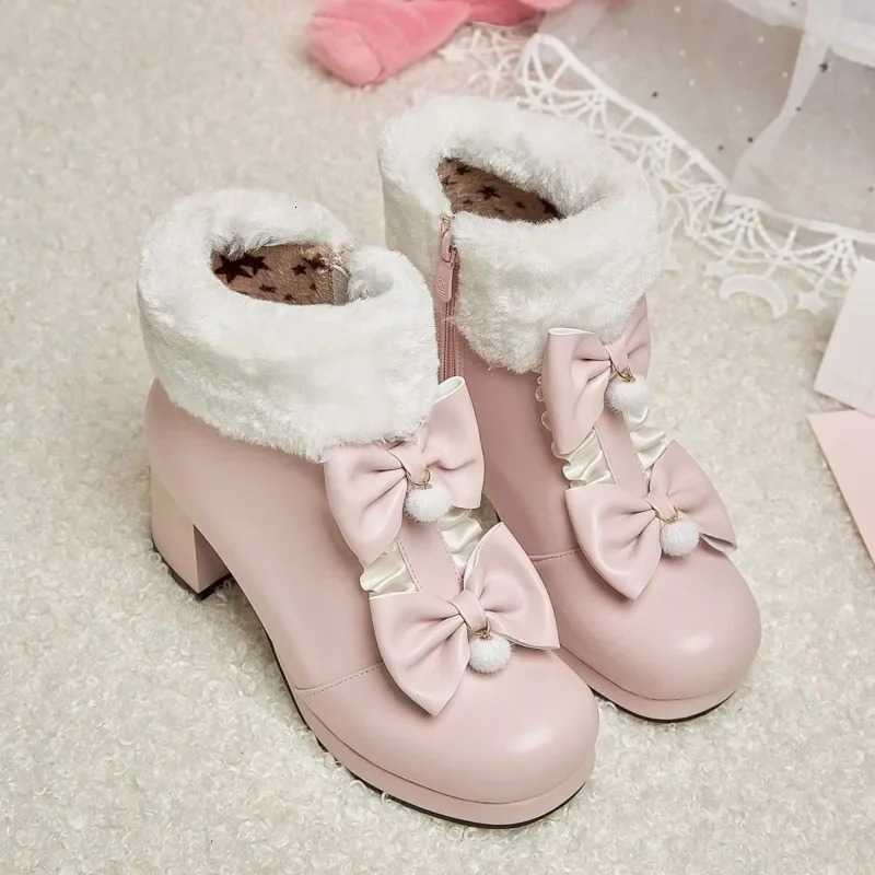 High 2025 fashion Winter Womens Heel Boots Pink White Black Fur Tassel Bowtie Lovely Lolita Ladies Party Wedding Shoes Size 43 D260916