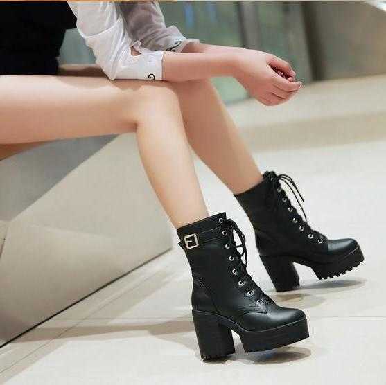 Autumn fashion Women Boots Spring High Heels Platform Lace Up Leather Short Booties Black Ladies Shoes Promotion 745 D260916