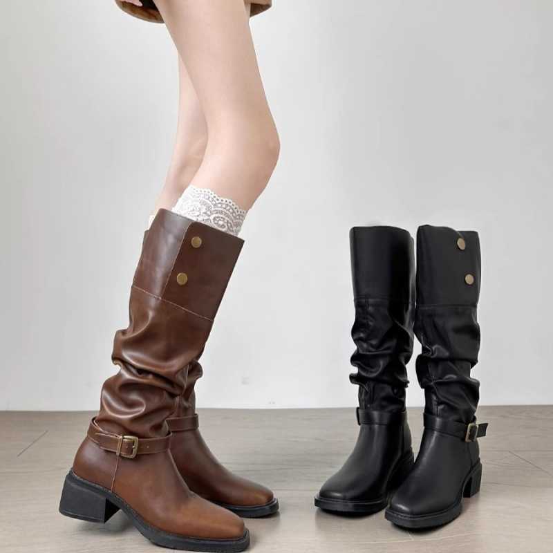2025 Women's Knight Coarse Boots Heel Fold Folded Pile Western Boots Women's Long Barrel D260916