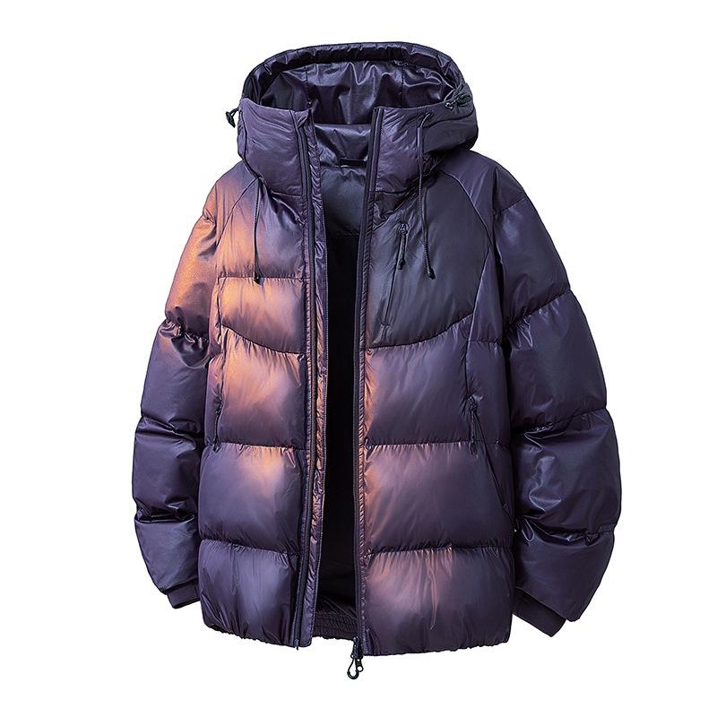Veste doudoune courte à capuche unisexe, panneaux matelassés, cordon de serrage, fermeture éclair, poches latérales avant, coupe ample, violet br