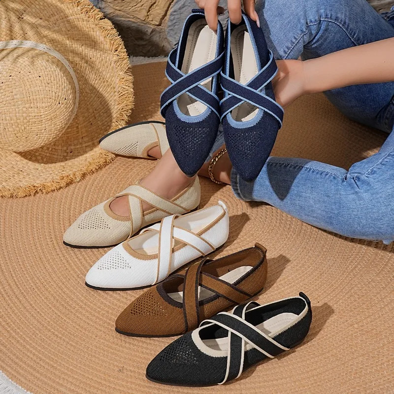 Autumn Style Simple Casual Flat Pointed Toe Knit Shoes Outdoor Comfortable Walking Women's Everyday Shopping Loafers 260916