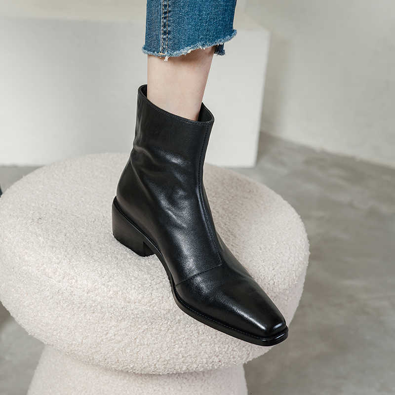 Boots New fashion Genuine Leather Women Zipper Chunky Mid Heels Handmade Side Zipper Ankle Boots for Women Shoes D260916
