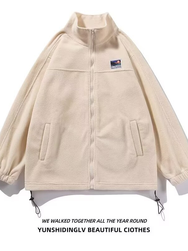 American trendy brand green down-proof fleece pullover men's spring-autumn warm-up jacket with zipper, loose-insulated crew-neck blazer