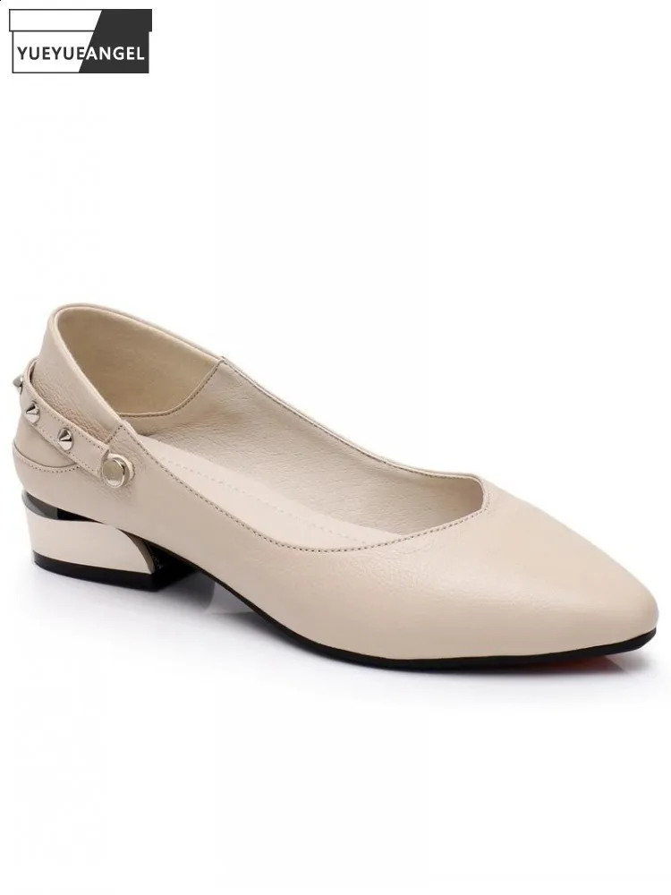 Elegant Office Ladies Genuine Leather Shoes Pointed Toe Spring Autumn Fashion Rivets Summer Pumps Women Casual Shoes Size 31-43 260916