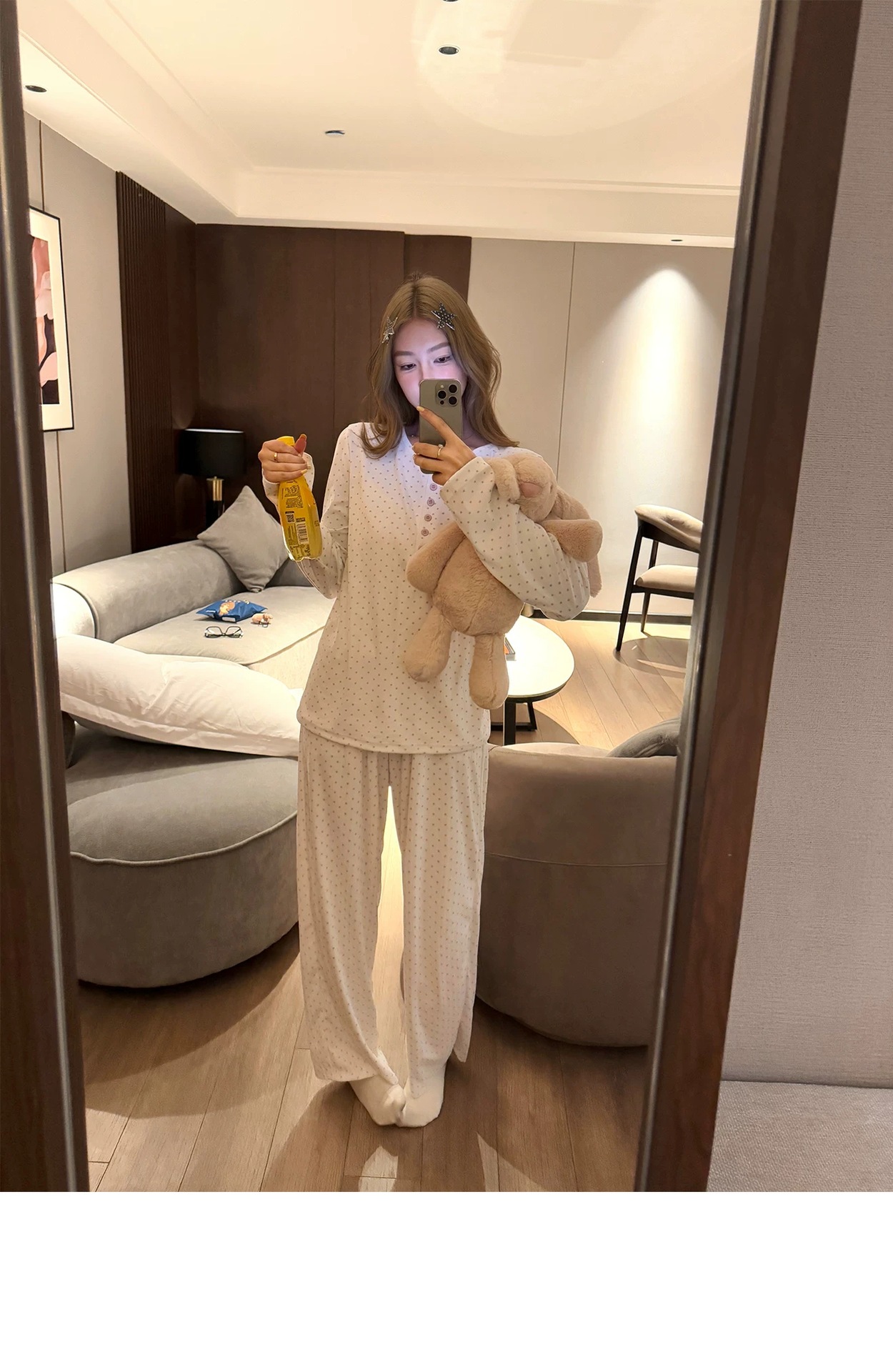 Women's Korean Style Star Print Pajama Set, Soft Skin-friendly Pullover Crew Neck Loungewear