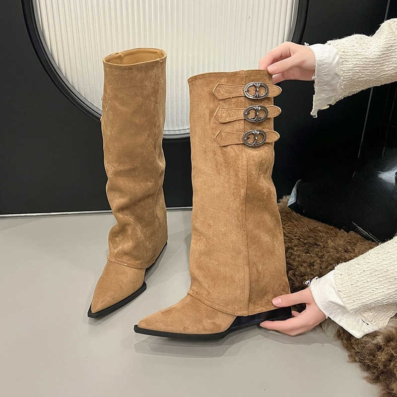 Pointed Toe Boots Western Women Autumn Winter Metal Decorated Suede Tall Skinny Knight Boots D260916