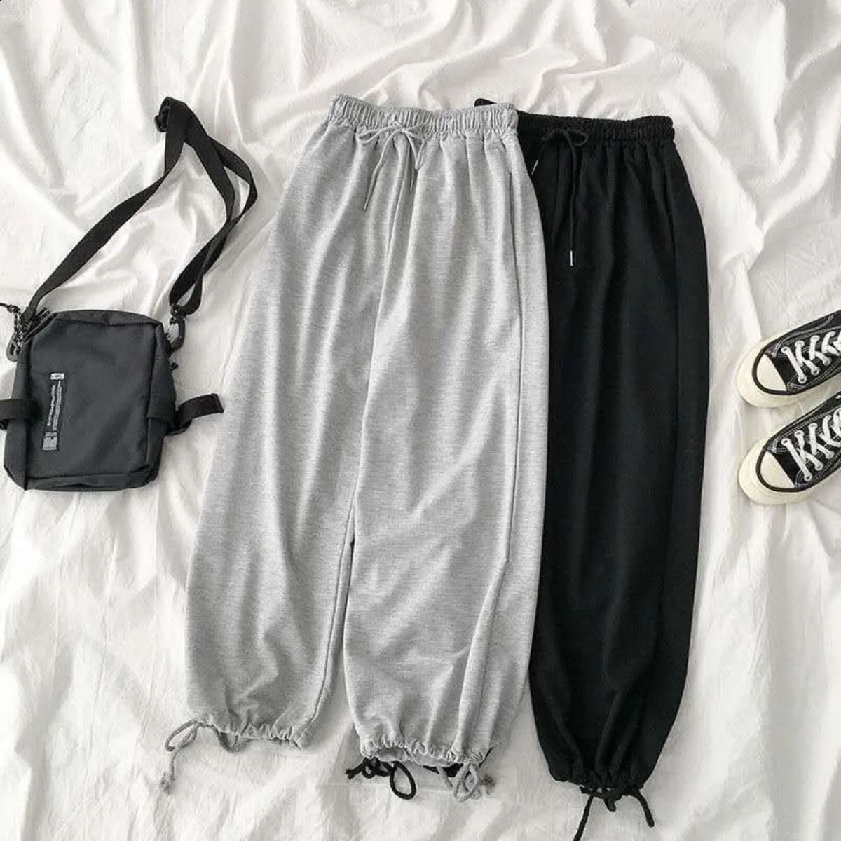 Summer Fashionable Simple Solid Color Women's Loose Drawstring Versatile Casual Straight Leg Pants Sports Wide Leg Pants 260916