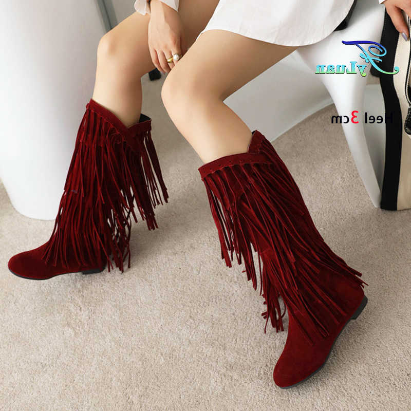 Heeled 2025 New 3CM Low V-Cut Fringed Tassel Women Boots fashion Party Shoes Size 34-43 Winter Trend Woman RRound Toe Long Boots D260916