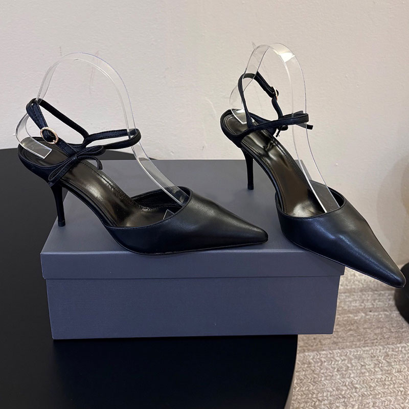 Womens Avenue Bow Slingback in Black Silver Designer Fashion Week pumps womens autumn sandals high quality cowhide leather upper soft sheepskin lini