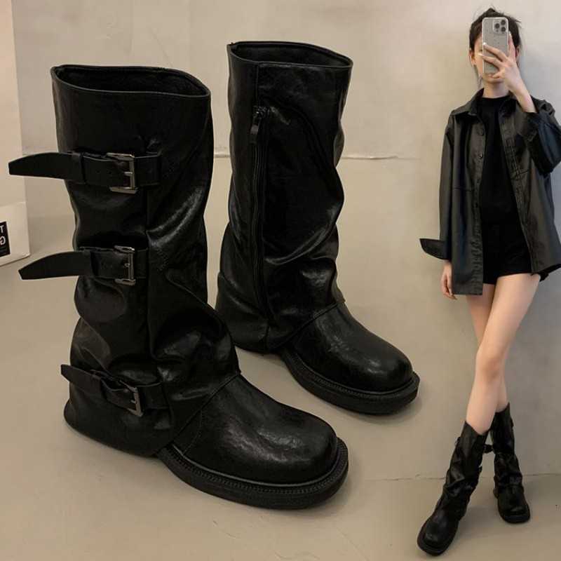 women's Round leather strap boots - Spring/autumn new style black denim boots knight boots slim mid-calf boots D260916