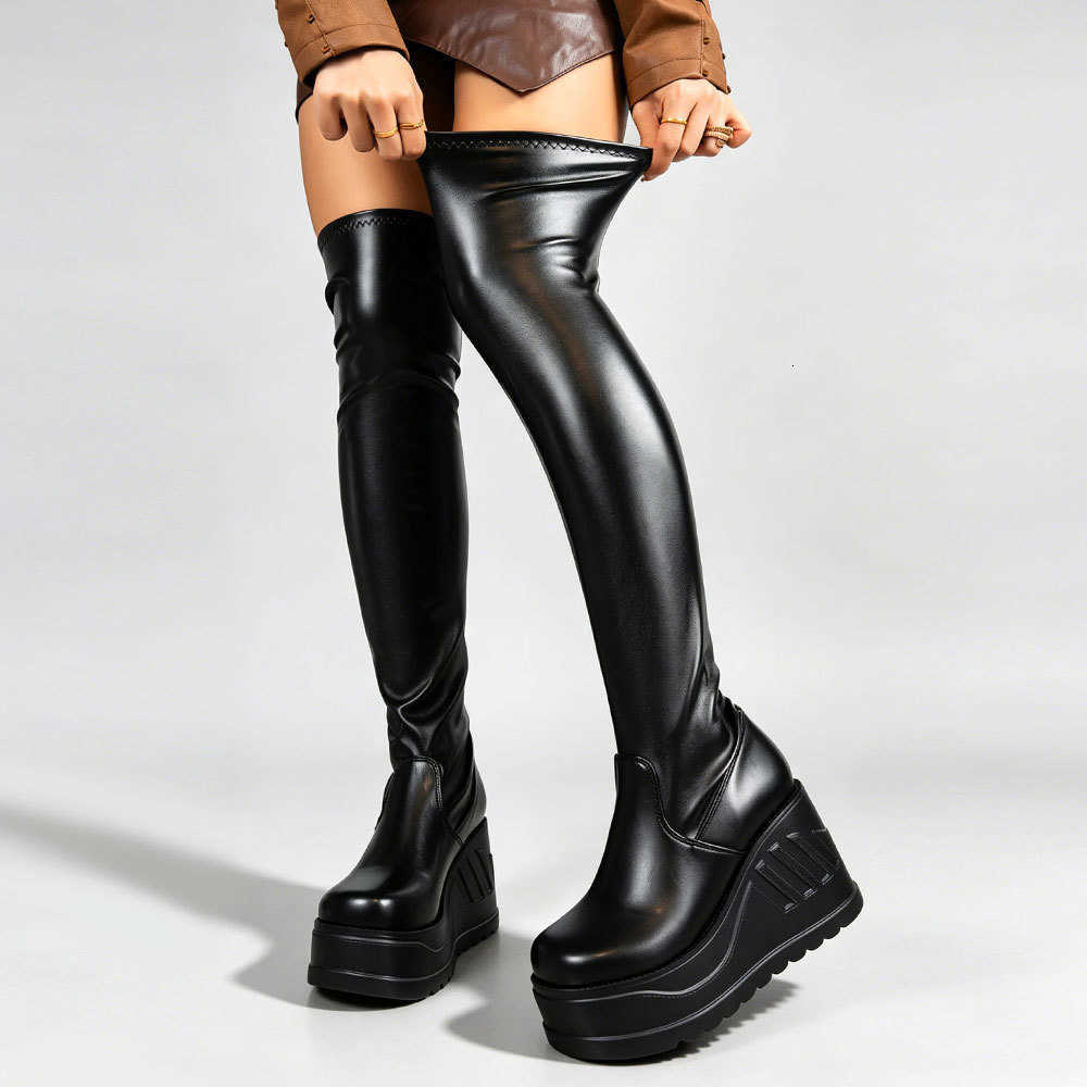 Platform 2026 Women's Black Gothic Wedge Over-the-Knee Boots Y2K Stretch Faux Leather Round Toe High Heel Goth Clubwear Shoes D260916