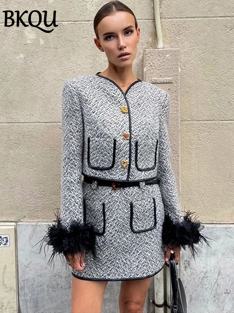 BKQU Tweed Jacket Mini Skirts Two Piece Set For Women Elegant V-neck Single Breasted Feather Sleeve Coat Female Chic Skirt Suits 260916