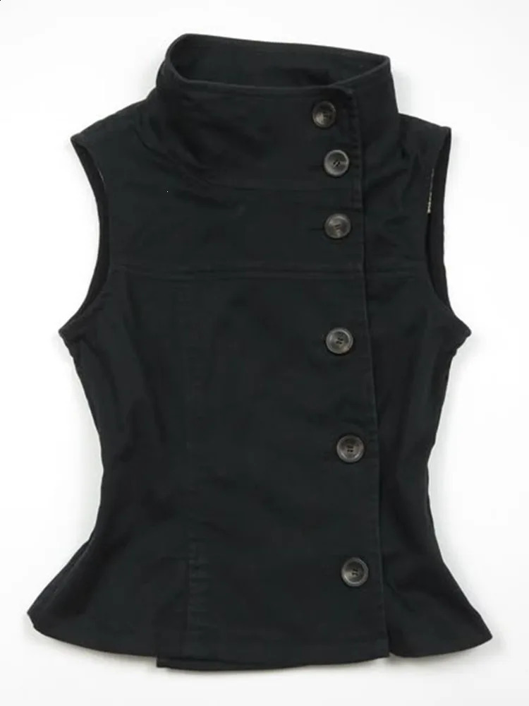Summer Black Womens Casual Vest Stand Collar Sleeveless Diagonal Buttons Waist Cropped Y2K Trendy Slim Fit Daily Commute 260916