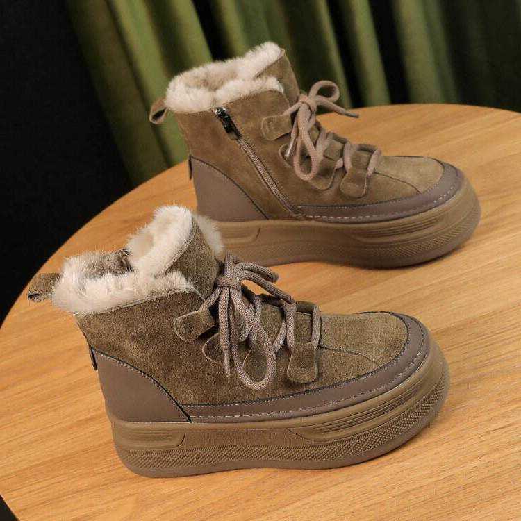 Snow Boots Women's New Winter 2025 Fleece Lined Thickened Anti-slip Warm Cotton Shoes Matte Leather Heightening Thick Bottom ... D260916