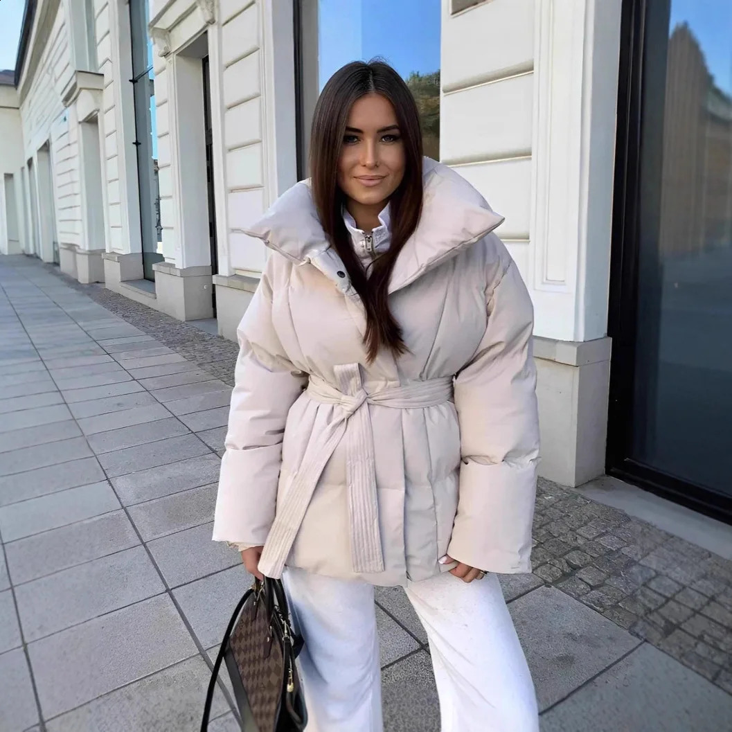 Zekye Down Jacket Warm Waistcinching Longsleeve Tiedwaist Loose Solidcolor Fashionable Womens Winter Jacket Lightweight 260916