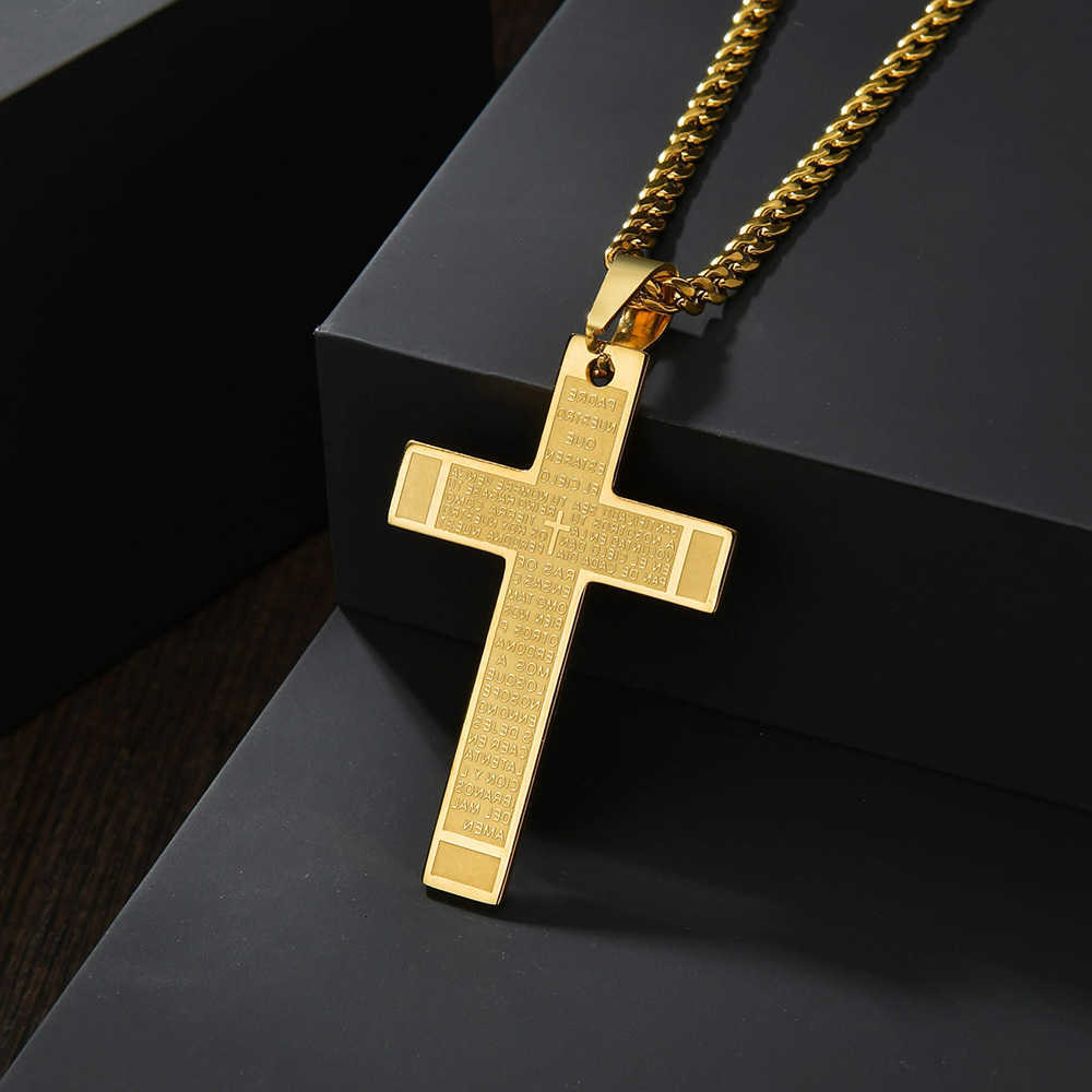 Necklace Bible Cross Gold color Stainless Steel Pendant Chain For Men Gift Christian Jewelry 60cm Chain LengthT260916