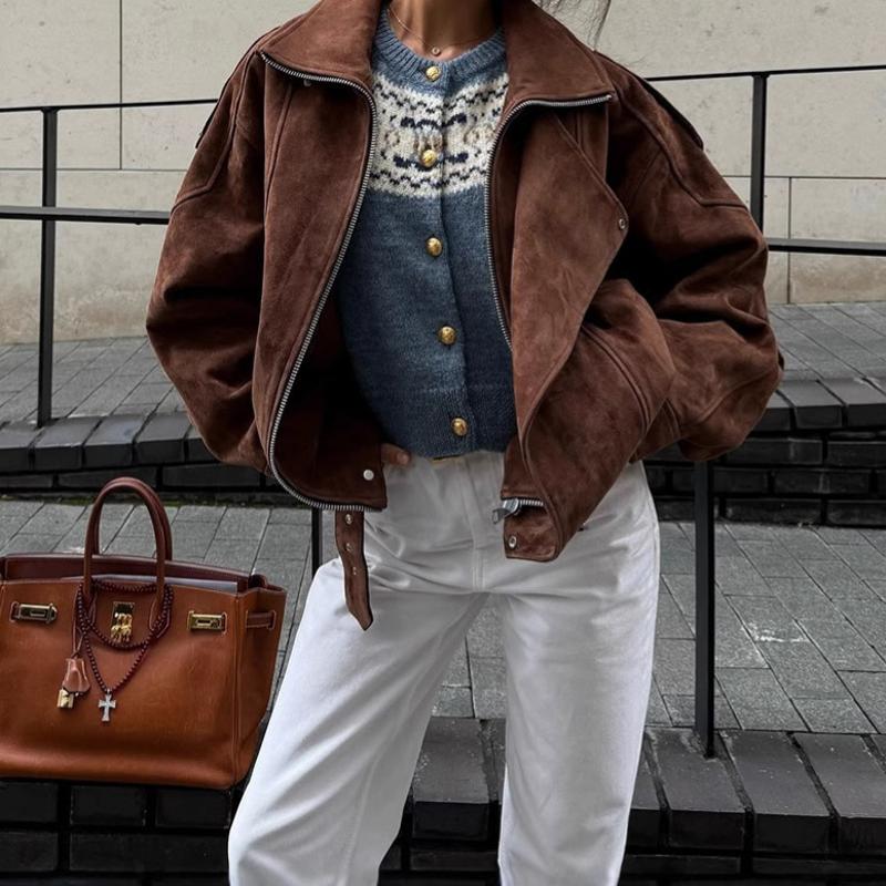 Men Vintage Style Zip Up Bomber Coat Lapel Point Collar Faux Suede Fabric Long Sleeve Elasticated Cuffs And Bottom Hem Loose Fit Casual Jacket