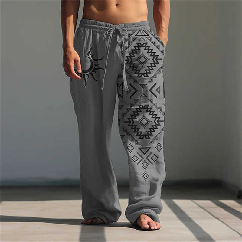 Pants Men's Fashionable Casual Athletic Retro Ethnic-Style Printed Men's Long Pants with Drawstring and Elastic Waistband D260916