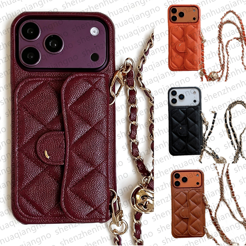 Designer Burgundy Cross body Phone Case for iPhone 18 Pro Max 17 Pro max 16 15 14 13 12 11 16 Plus Case Card Holder Caviar Leather Quilted Mobile Co