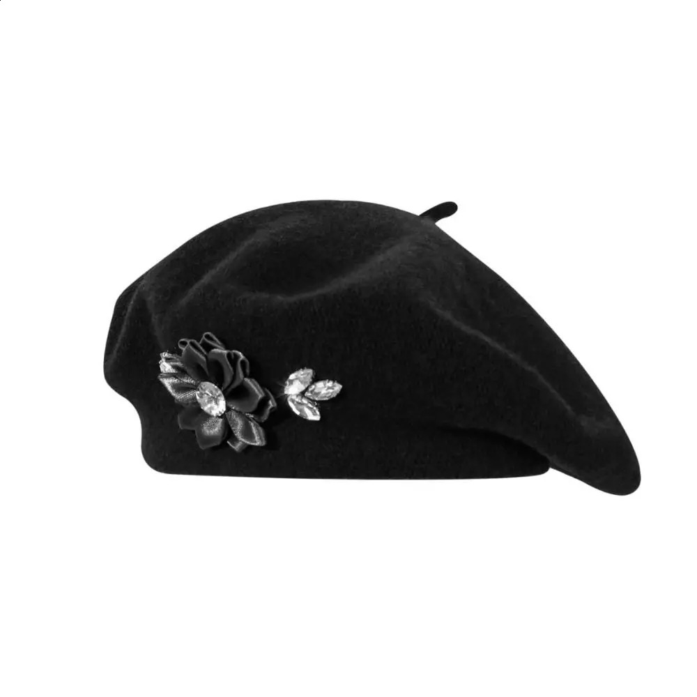 Soft Wool Knitted Beret Hat Floral Rhinestone Decor Outdoor Warm Painter Beret Hat Crystal Embellishment Solid Color Beret 260916
