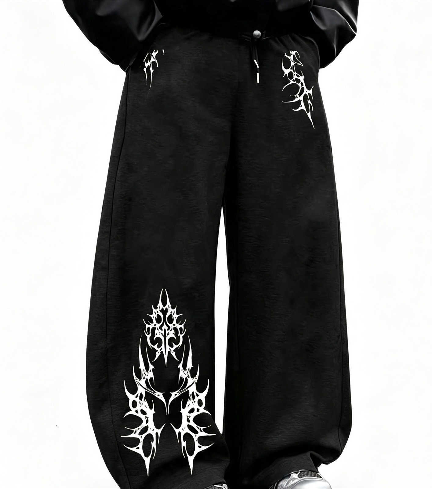 New 2026 Winter Autumn and Men's Gothic Tribal Thorn Print Straight Leg Sports Pants Street Wear Pure Cotton Casual Pants D260916