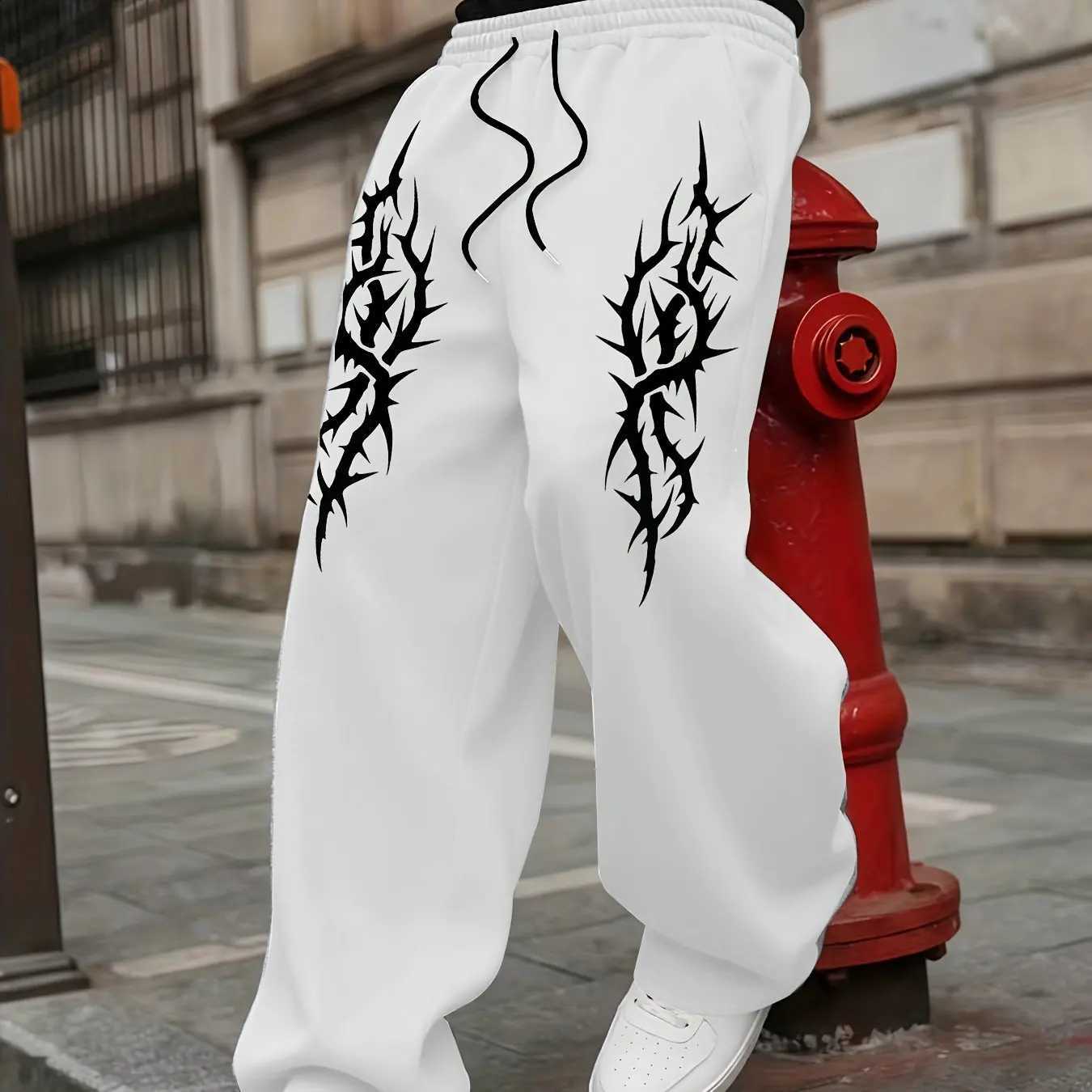 Men's Casual Straight Leg Pants Unique Thorn Totem Elastic Waist Tie Rope Comfortable Pants Streetwear D260916