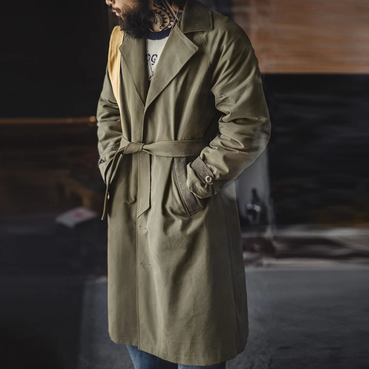 Maden Vintage Mens Military Green Trench Coat Mid-Length Corduroy Collar Pure Cotton Overcoat Single-Breasted Spring Autumn 260914