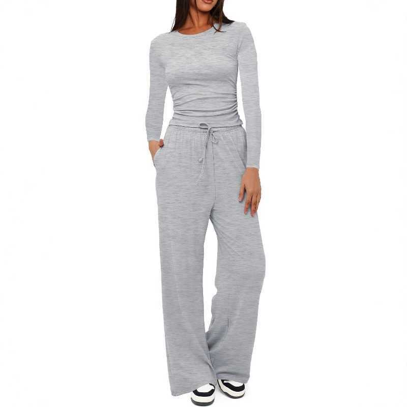 2-piece Women's Sets Loungewear Round Neck Long Slve Top Wide Leg Pants Casual Solid Co Ord Set for Daily Home Strt Wear S260916AR9R