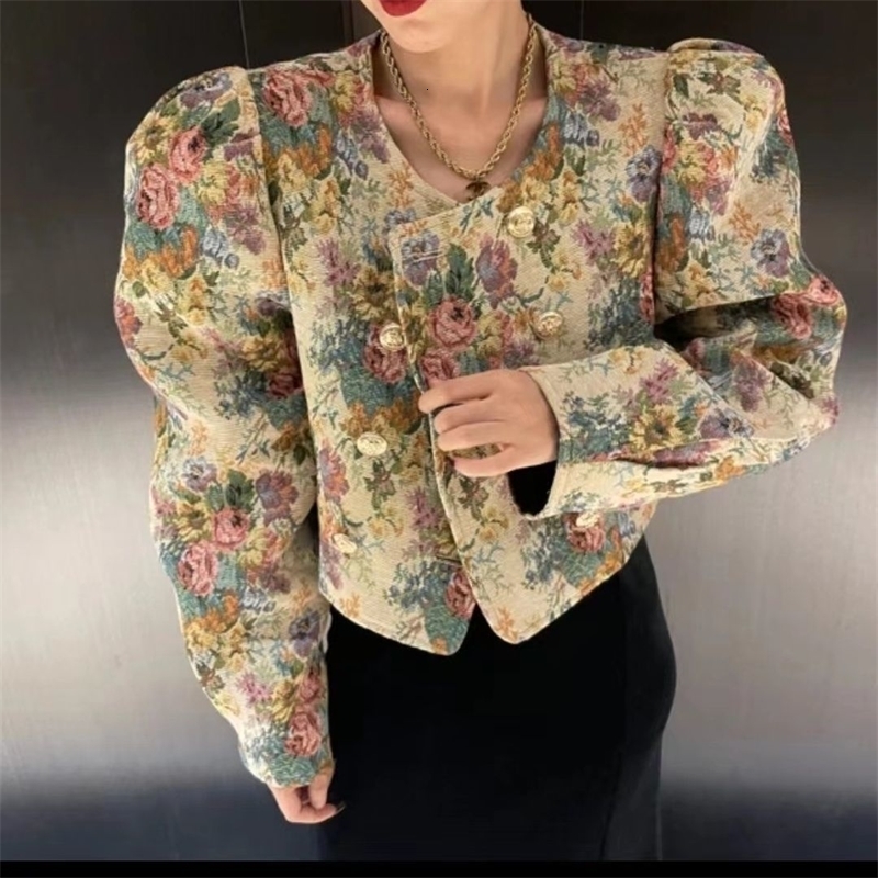French Vintage Floral Jacquard Jacket Women Autumn Elegant Bubble Sleeves Double Breasted Coat Short Club Party Outerwears Top 260915