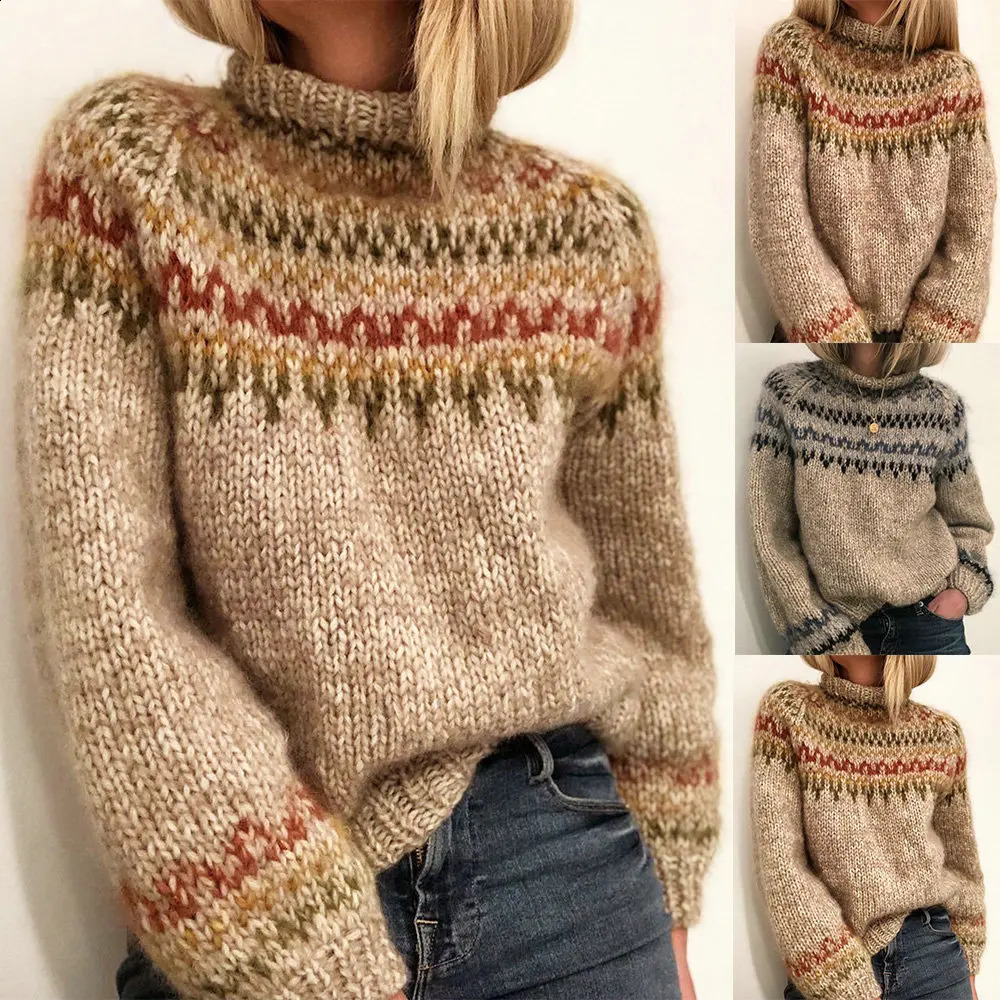 Pullovers Women Knitted Sweater Long Sleeve Turtleneck Jumpers Print Sweaters Loose Fit Spring High Street Sports 260916