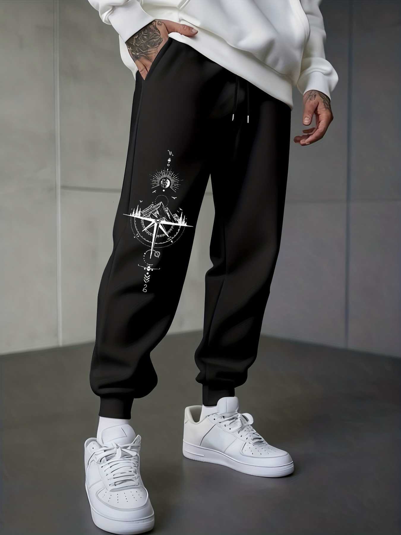 combined Adventurethemed sunmoon mountain legside graphic print sweatpants for men hip hop sports jogger trousers D260916