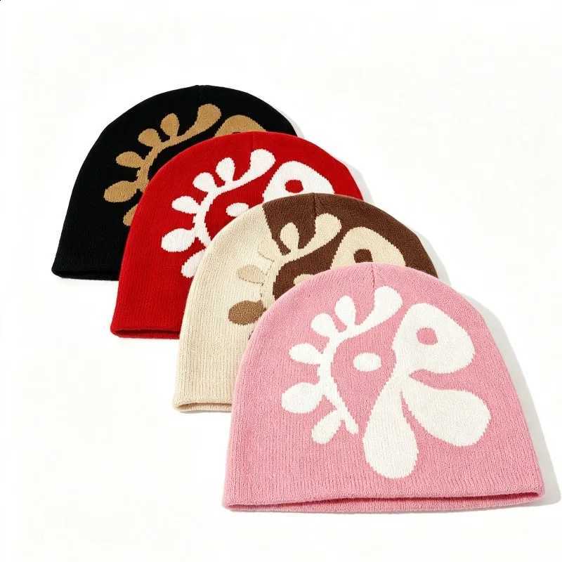 1Beanie 1pc Women Floral Knit Hat Flower Jacquard Skullcap Soft Stretchy Warm Cozy Headwear for Fall Winter Casual Street Outfits L260915