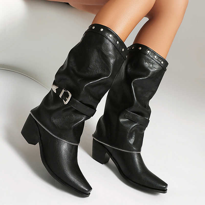 Flanged Plus Inlaid Size Printed PU Material Knee Boots Small Square Toe Thick Heel Breathable New Vintage Western Boots D260916