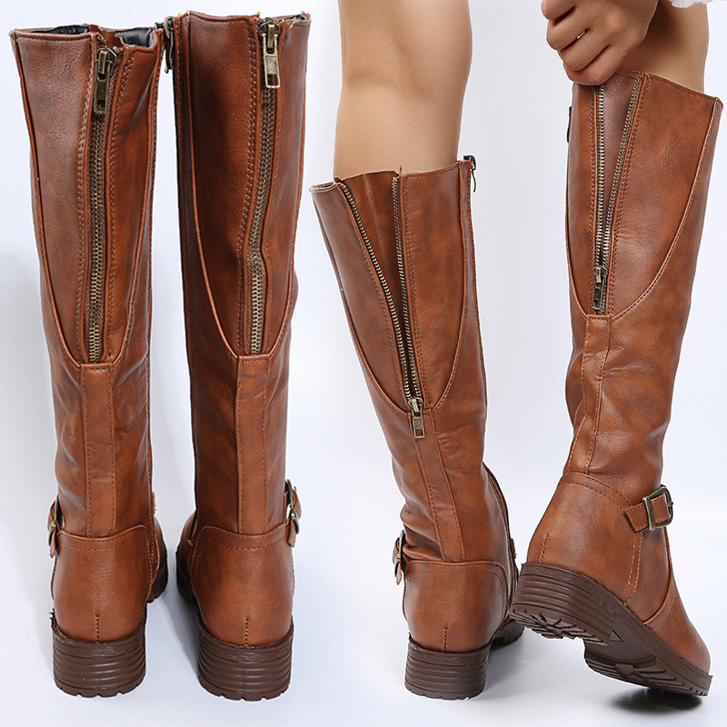 Women Boots leather 2026 spring/autumn new collection, zipper closure, low heel, long European and American style, riding high-top women's