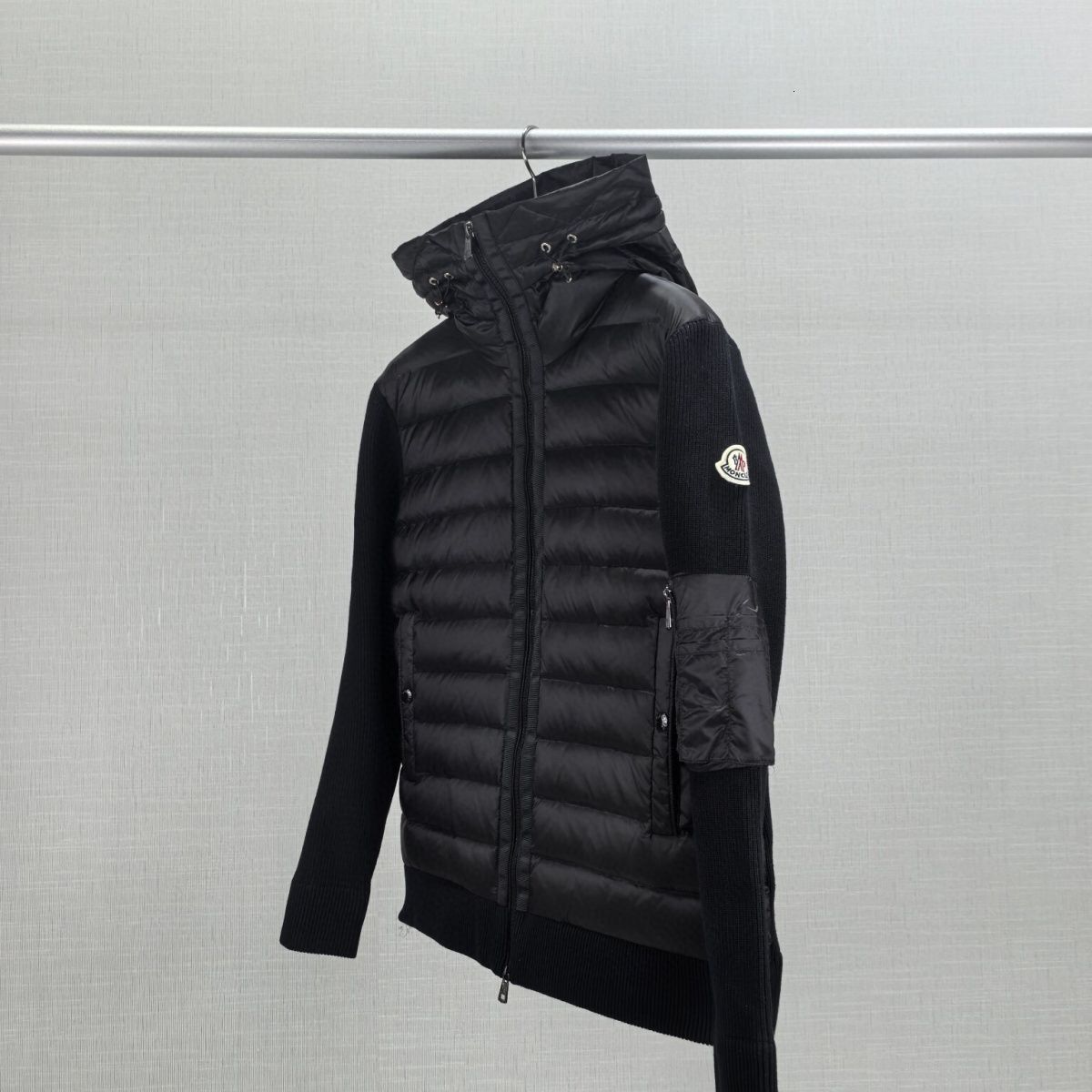 Cross-border high-end men's knit patchwork jacket, duck down hooded cardigan, slim-fit outerwear