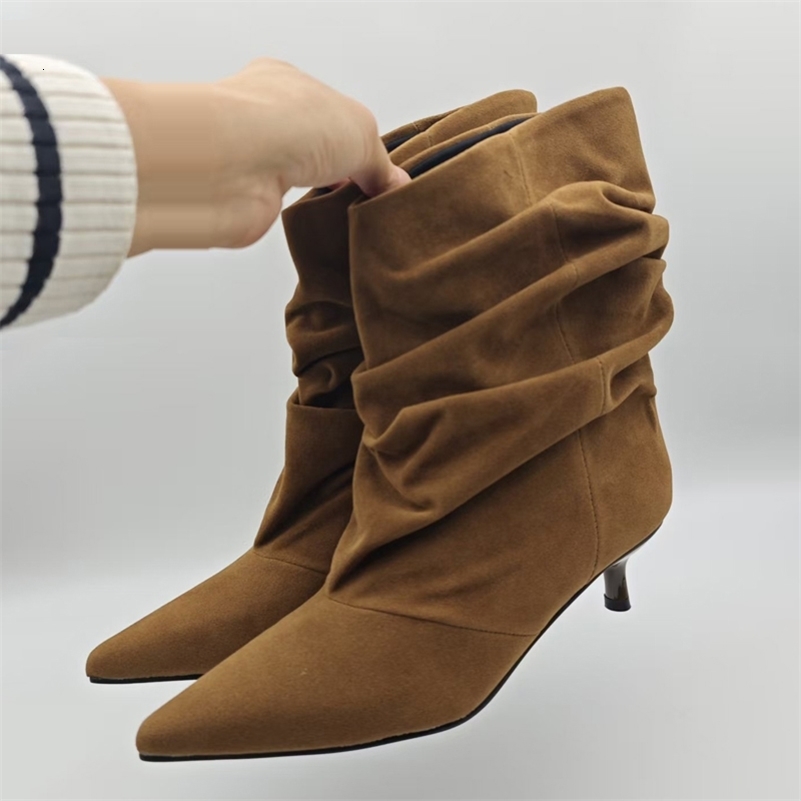 Winter Street Style Pointed Toe Ankle Boots Women Pleated Short Boots Female Retro 260915