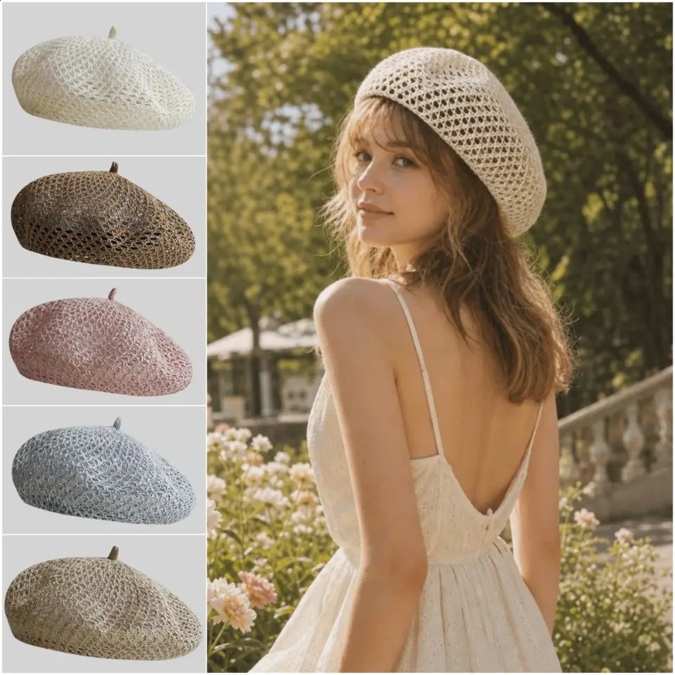 Stylish Solid Color Hollow Beret Hollow Knitted Bright Thread Painter Hat Breathable Thin Pumpkin Hat Women 260916