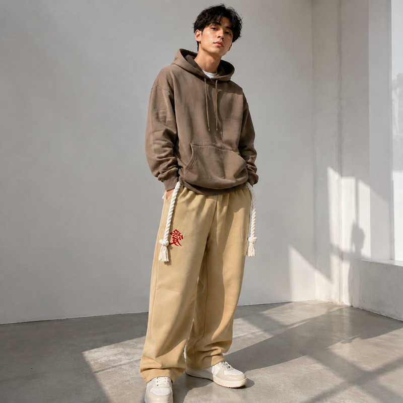 Men's Wide Leg Pants Khaki Baggy Trousers Rope Belt Elastic Waist Chinese Character Graphic Loose Fit Casual Streetwear D260916