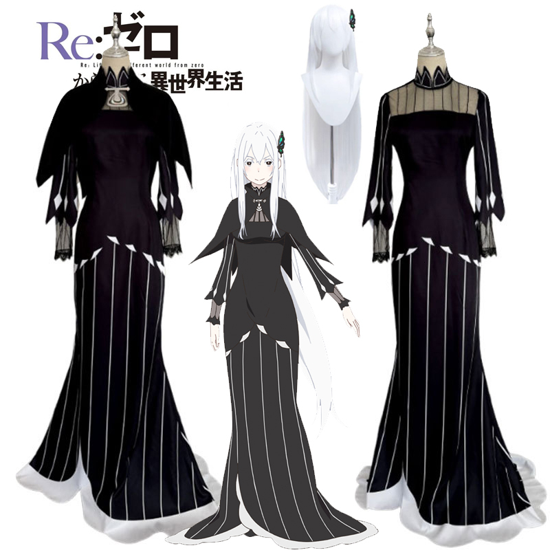 Re0 Echidna Cosplay Anime Re:Life in A Different World From Zero Costume Black Evening Dress Long Wig Women Sexy Carnival Suit