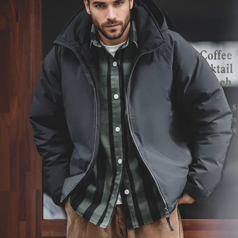 Maden Hooded Down Jacket for Men Winter Thickened Matte Glossy Fabric Parka Outdoor Warm Coat Versatile Outerwear Black Jacket 260916