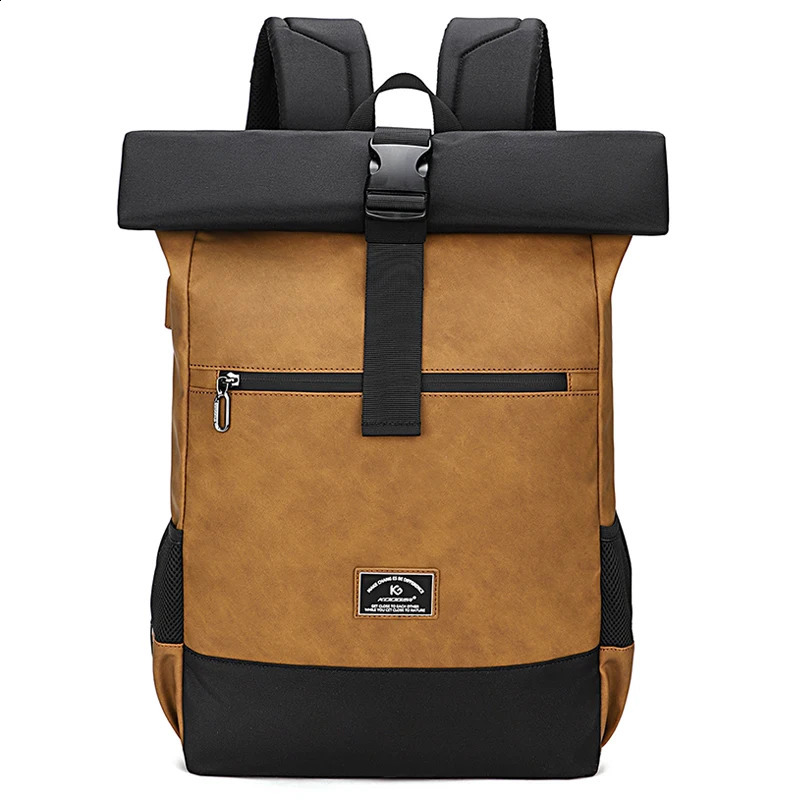 Waterproof USB Computer Backpacks Bags Lightweight PU Leather Men y Roll Top Rucksack for Women Men 260916