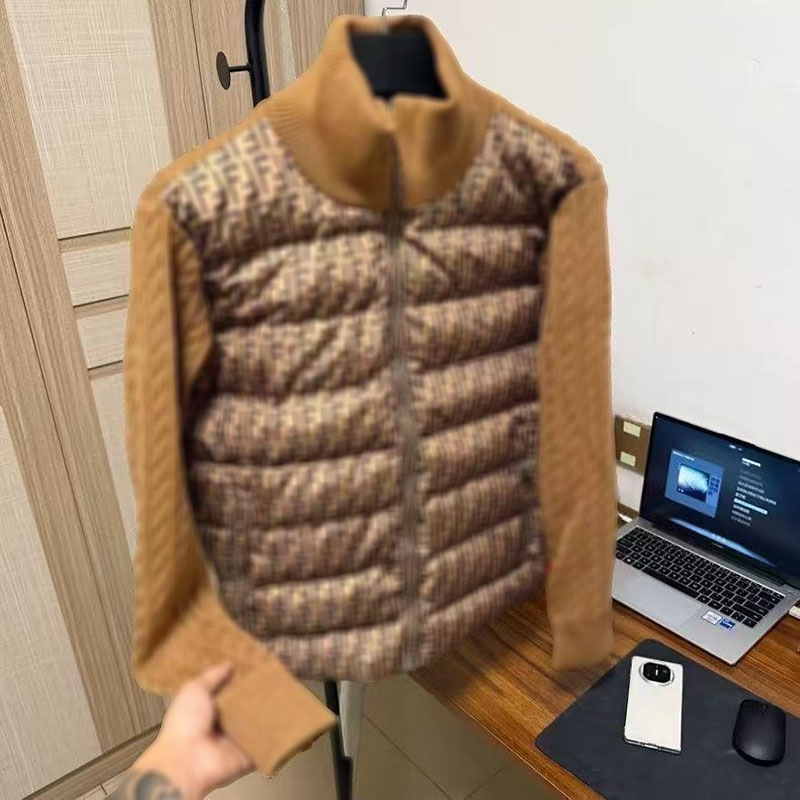 Designer men's letter-patched jacket with knitted sleeves and down filling, stand-up collar with zipper design, high-quality men's jacket