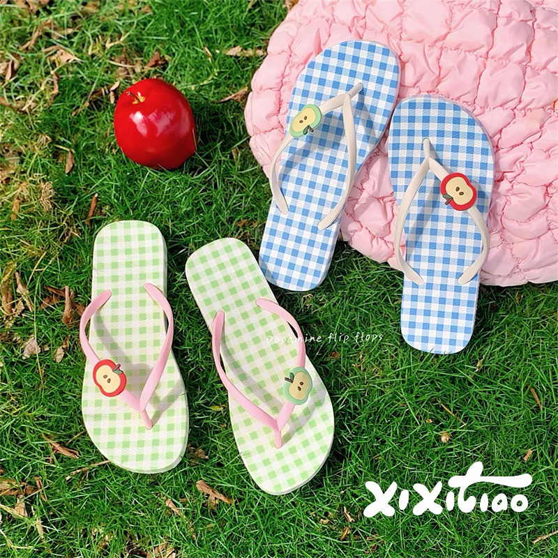 XIXITIAO Cute Flat FlipFlops for Women Summer Beach Vacations ColorBlocked Plaid Red Apple Sandals OpenToe Light Slippers 260917
