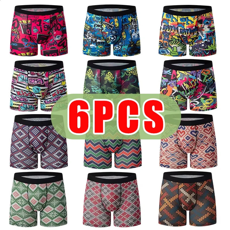 6Pcs Men's Fashion Printing Long Boxer Underwear Comfortable Plus Size Sexy Shorts Teenagers Multicolor Combination Uunderwear 260915