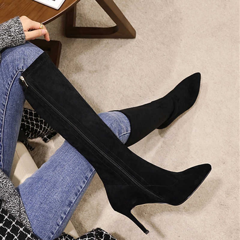 Boots Slim Stretch Women's High Zipper Flock Knee High Boot Women Shoes Beige Black Pointed Toe Party Long Shoes Lady Big Size D260916