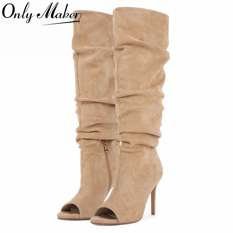 Onlymaker Women Peep Toe Pleat Slouch Knee High Boots Stiletto Heel Faux Suede Dress Fall Winter Open Fashion 260916