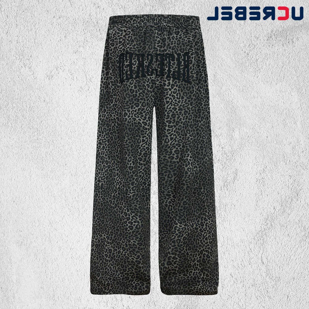 Letter Patch Leopard Sweatpants Mens Retro High Street Elastic Waist Wide Leg Straight Baggy Casual Trousers Man D260916