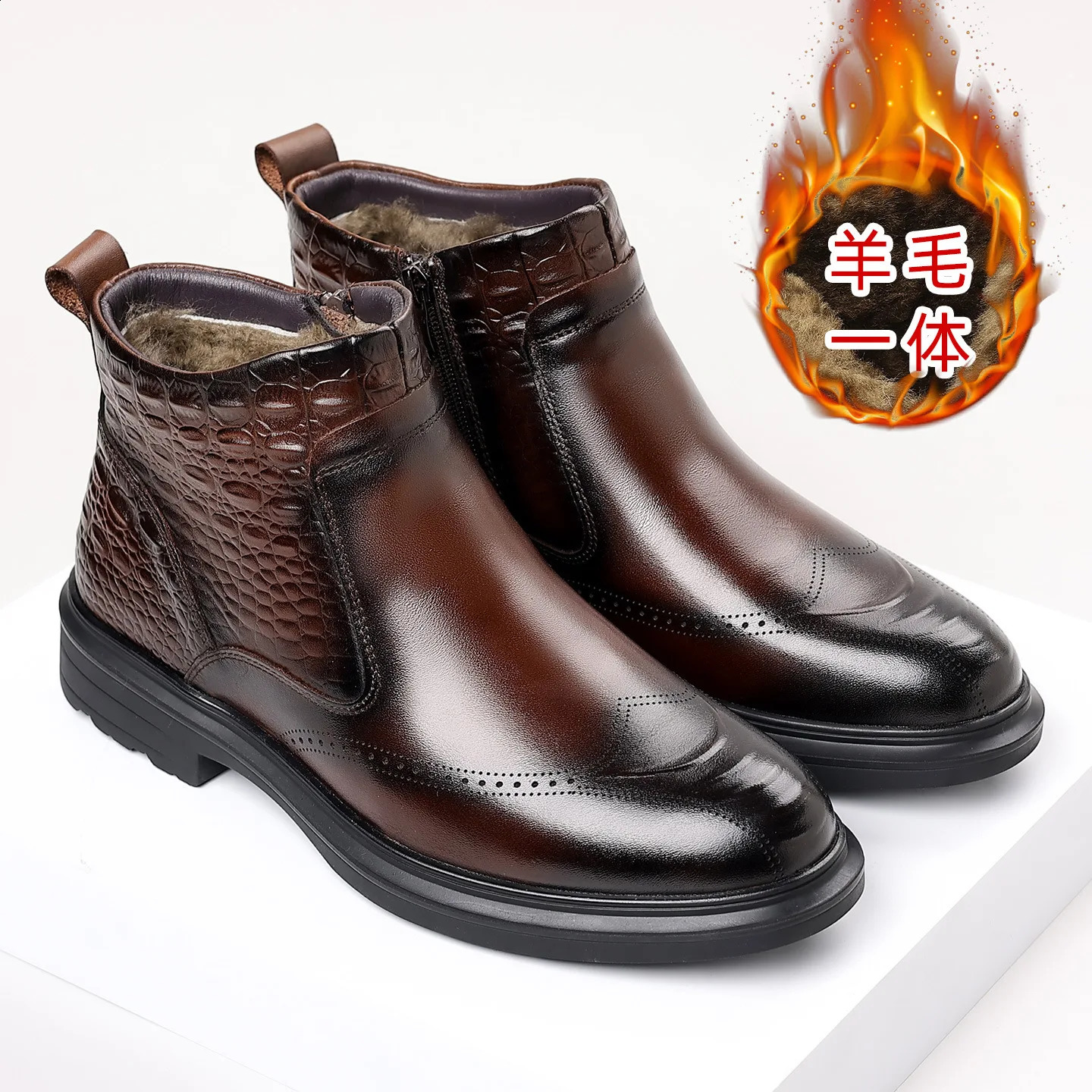 2026 Winter Men's High Quality Fashion Formal Shoes Top-grain Leather Wool Lining Warm Business Rubber Sole Non-slip Boots 260916