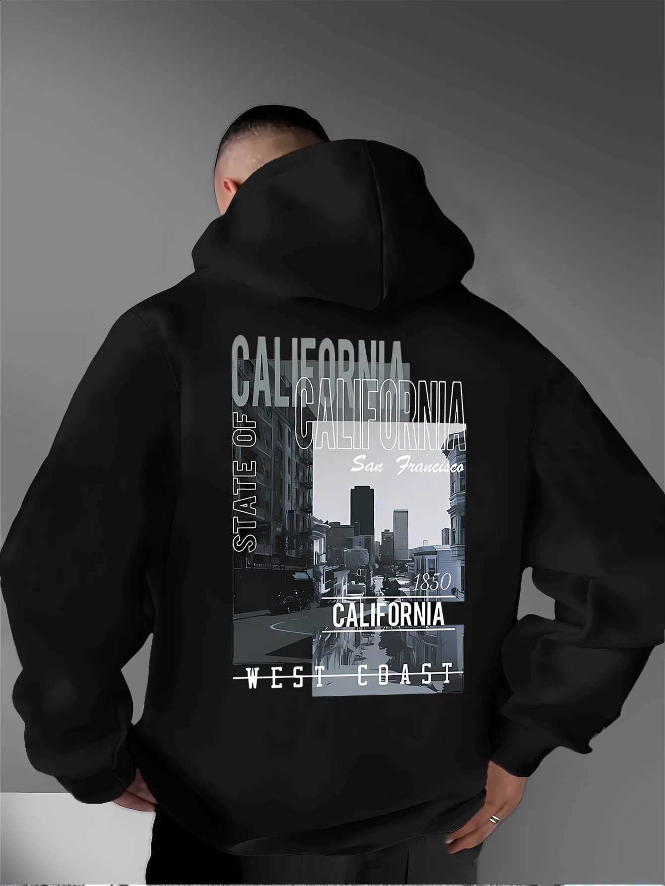 Francisco San Mens West California Back Print Pullover Hoodie City Landscape Vintage Letter Graphic Hooded Sweatshirt Kangaroo Pocket Loose Fit Urba